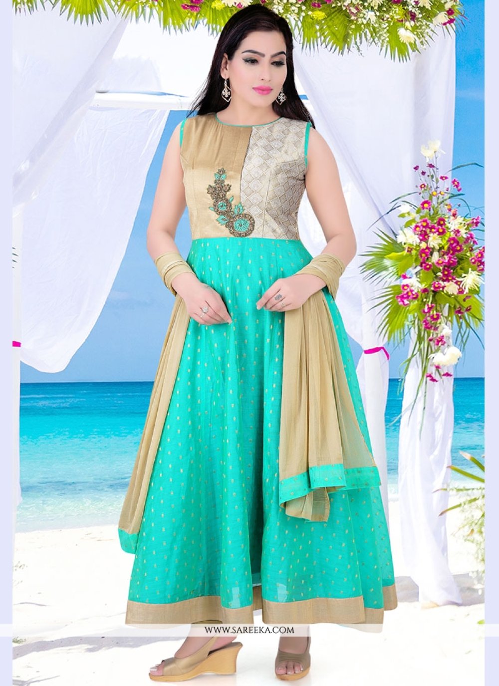 Buy Sea Green Dupion Silk Readymade Anarkali Salwar Suit Online Australia