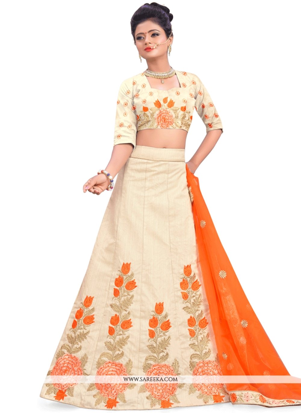 Maharani's Pure Tussar Silk Lehenga - Orange & Cream (L) – Maharani  Collections