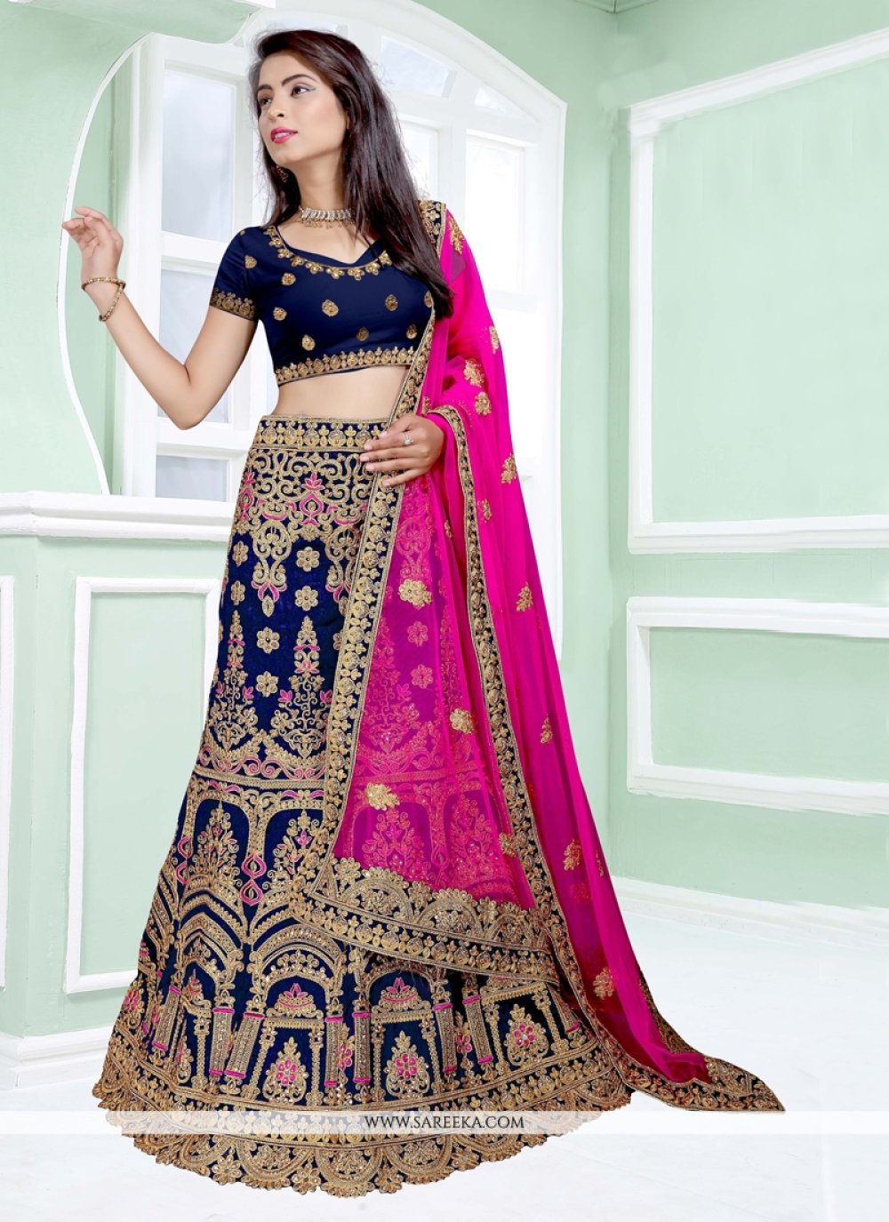 Biscay Blue and Pink Banarasi Silk Lehenga Choli – MySilkLove
