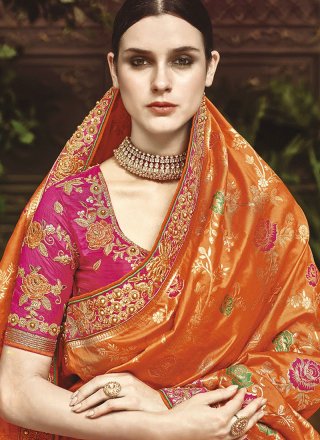 Art Silk Orange Weaving Work Designer Traditional Saree
