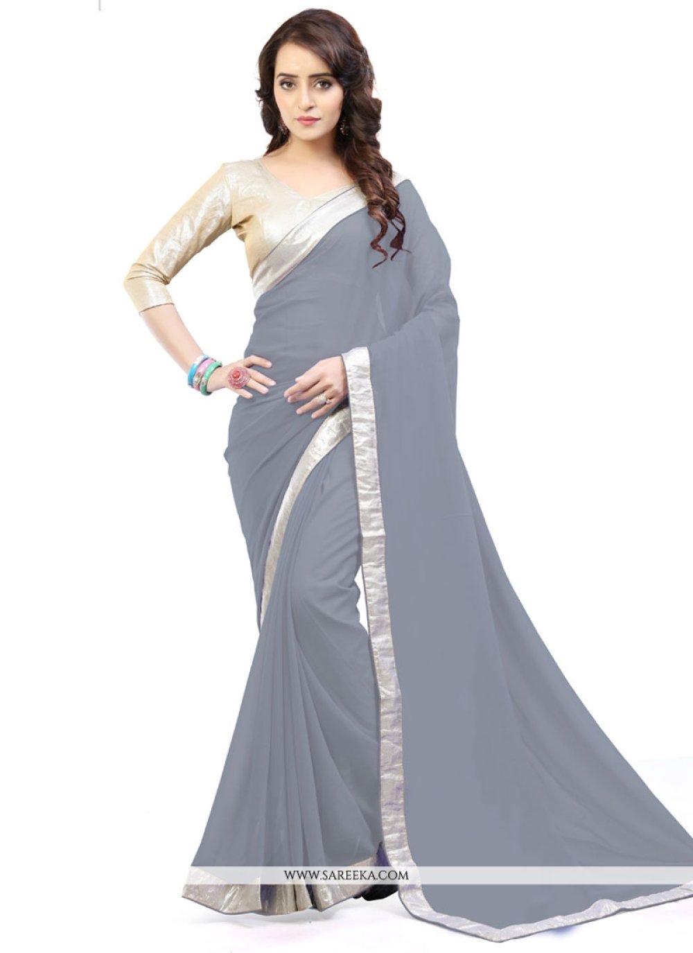 Buy Lace Work Faux Georgette Casual Saree Online : Canada