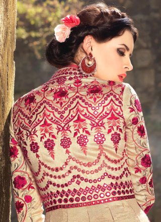 Resham Work Art Silk Cream Floor Length Anarkali Suit