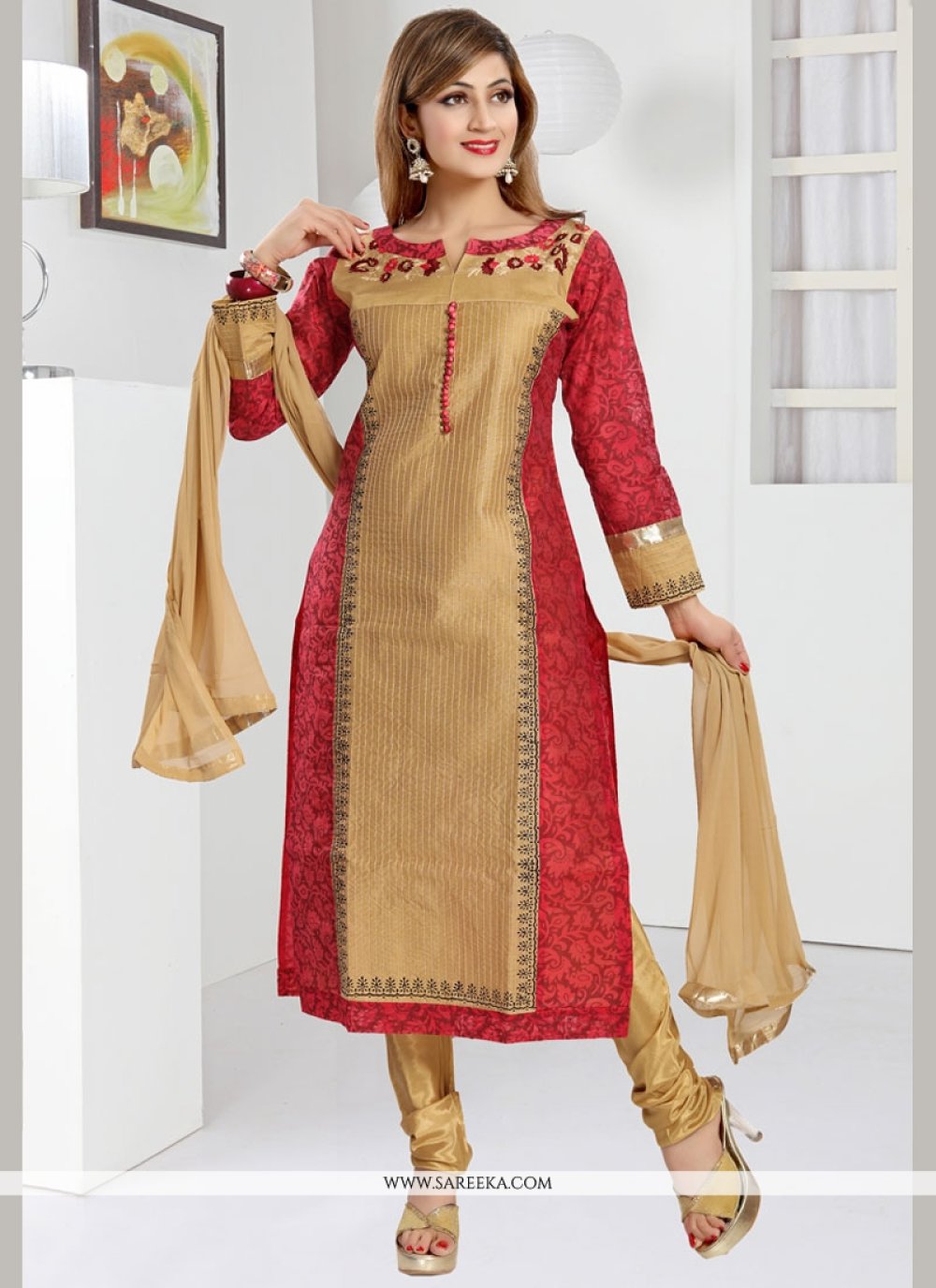 Buy Beige and Red Art Silk Readymade Churidar Suit Online : New Zealand
