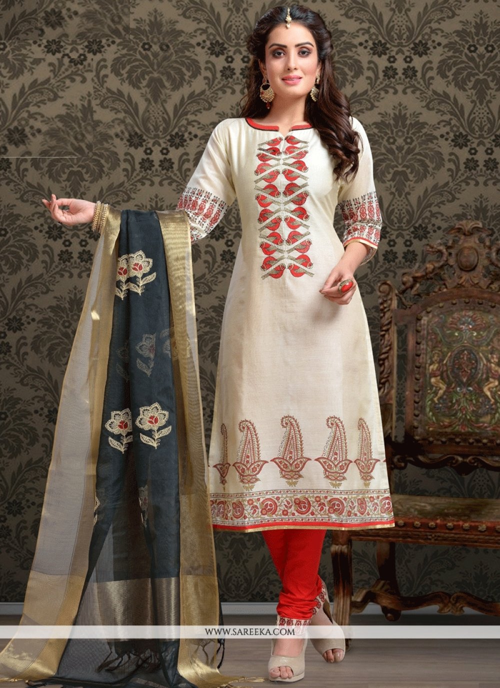 Shop Beige and Red Chanderi Churidar Designer Suit Online : 61703