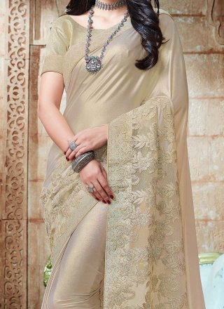 Beige Patch Border Work Shimmer Georgette Classic Saree