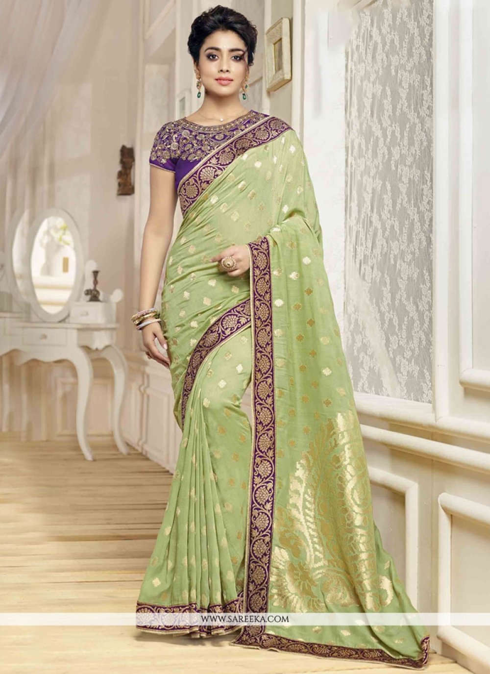 Pista green satin silk saree with blouse 42010