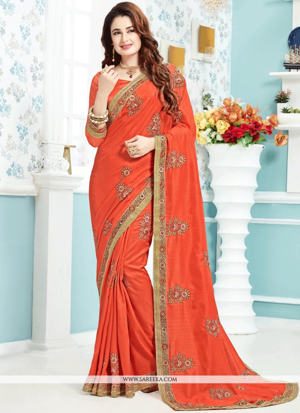 Buy Bhagalpuri Silk Orange Designer Traditional Saree Online 8395