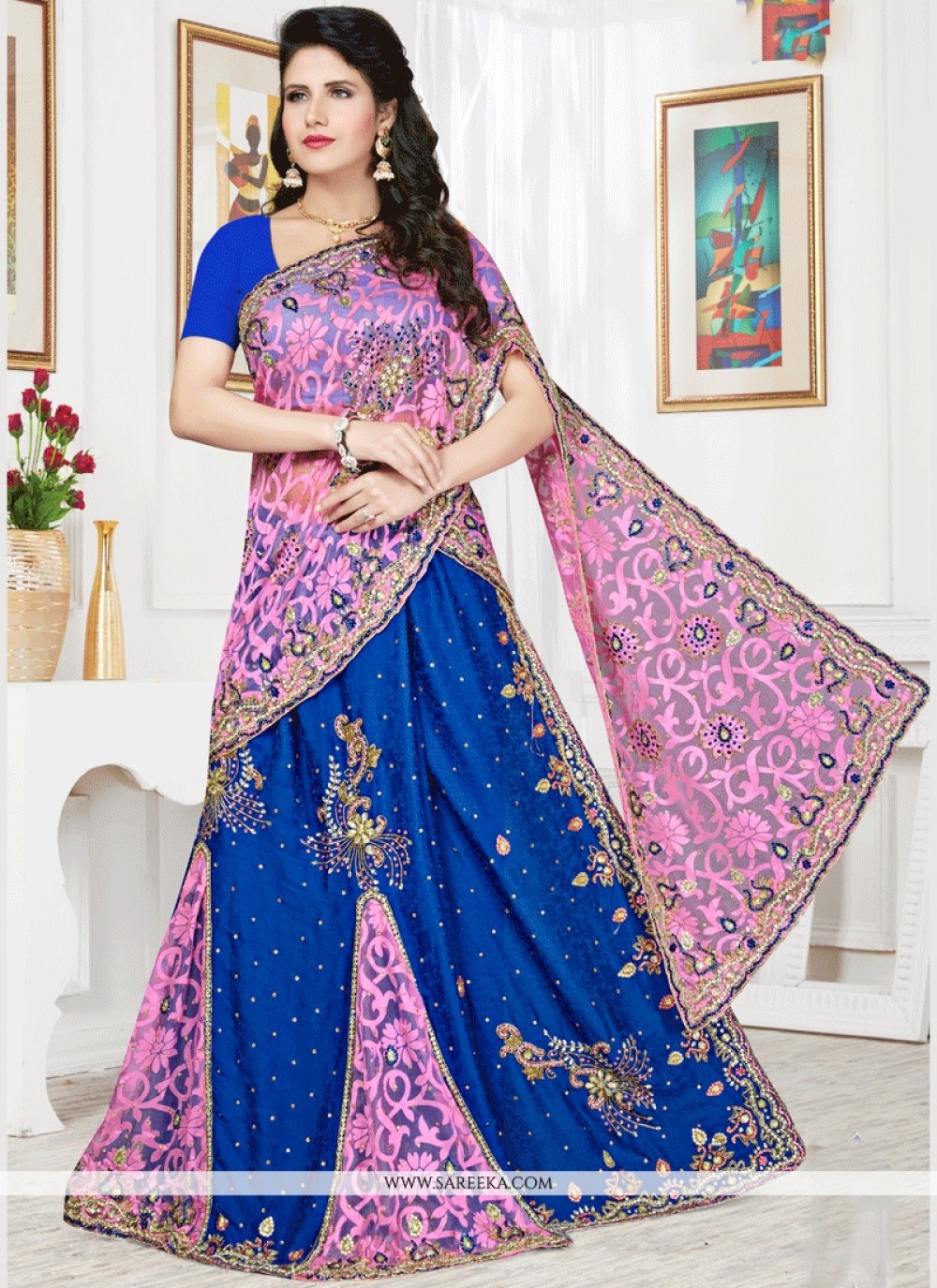 Blue Pink Combination Silk Luxury Designer Bridal Lehenga Choli Online –  Sunasa