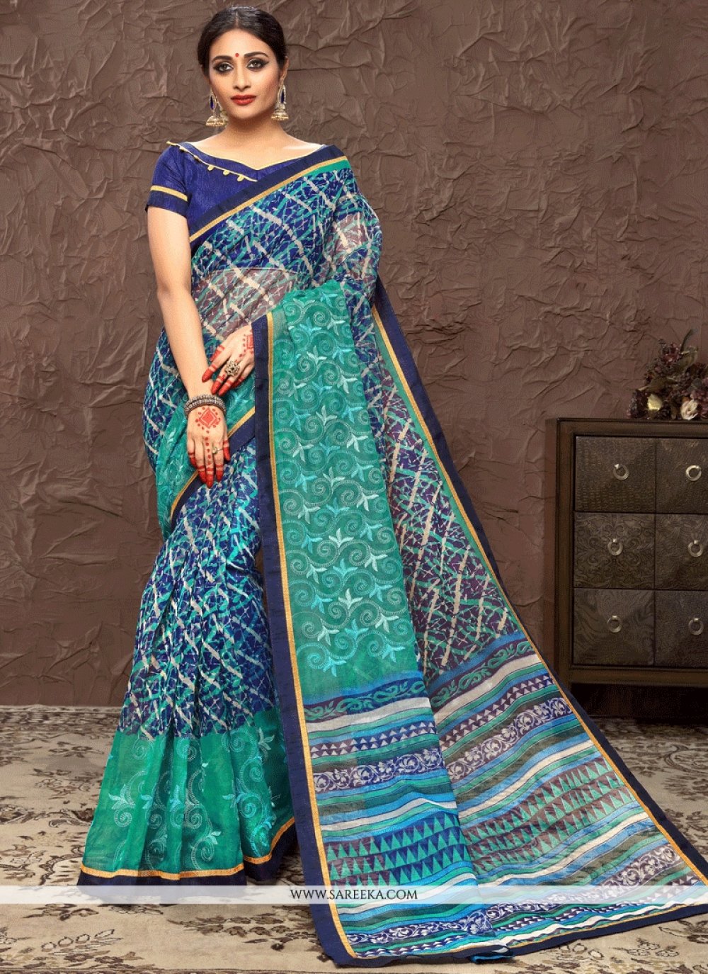 Buy Blue Print Work Cotton Silk Traditional Designer Saree Online : 64655