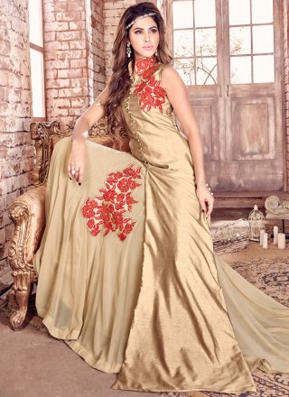 Embroidered Work Gold Bhagalpuri Silk Floor Length Designer Salwar Suit