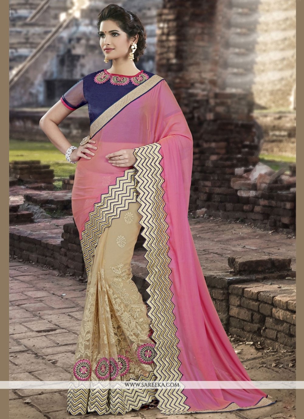 Shop Online Orange and Purple Embroidered Wedding Designer Half N Half Saree  : 132699 -