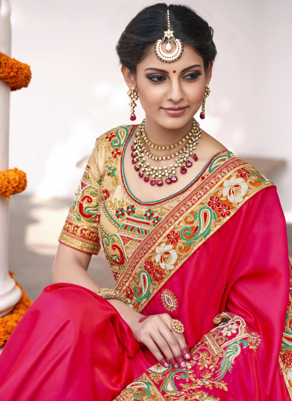 Shop Hot Pink Fancy Fabric Designer Bridal Sarees Online : 56155