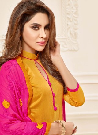 Hot Pink and Mustard Embroidered Work Churidar Suit