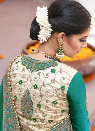 Fancy Fabric Cream and Green Patch Border Work Designer Bridal Sarees