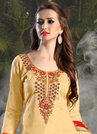 Embroidered Work Beige Cotton   Punjabi Suit