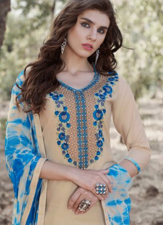 Cotton   Beige Print Work Punjabi Suit