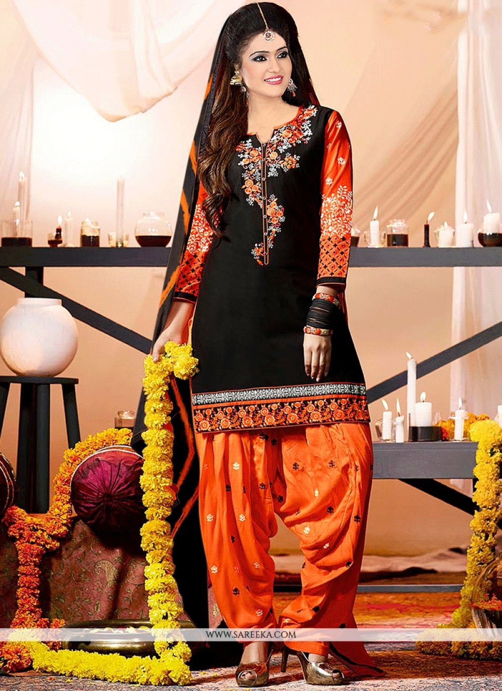 orange and black salwar suit