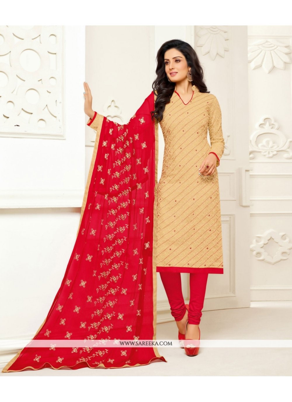 Buy Online Cotton Cream and Red Embroidered Work Churidar Designer Suit :  63598 