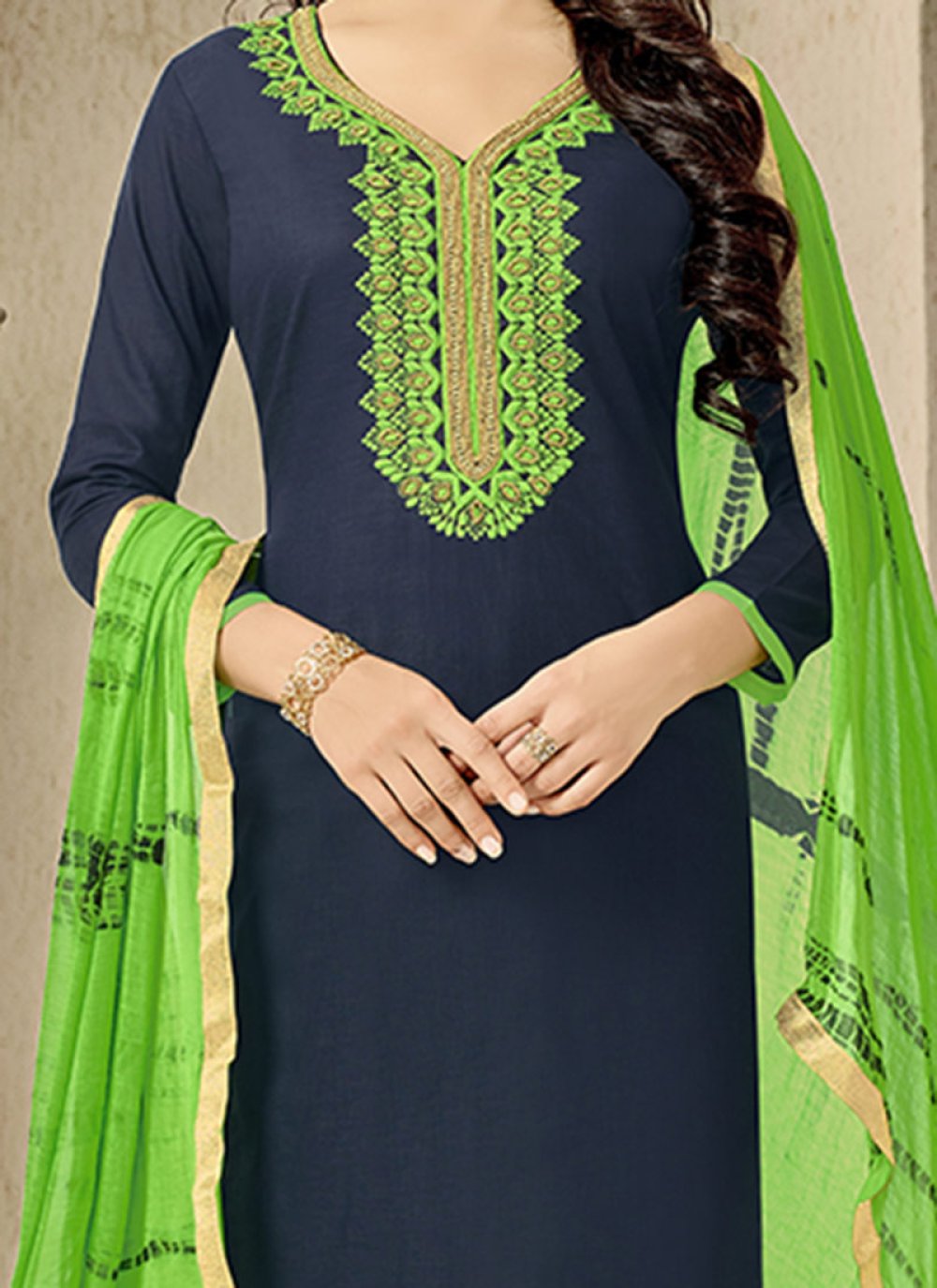 Buy Online Cotton Navy Blue Embroidered Work Churidar Suit 68090