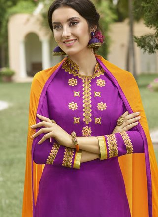 Cotton   Purple Lace Work Punjabi Suit