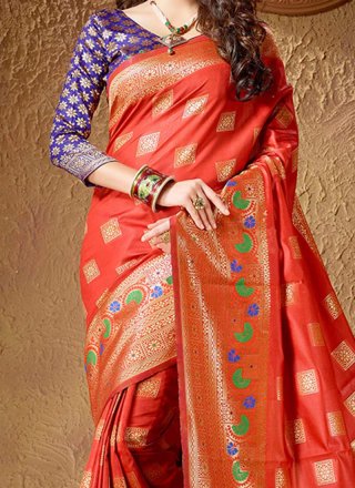Cotton Silk Orange Designer Traditional Saree