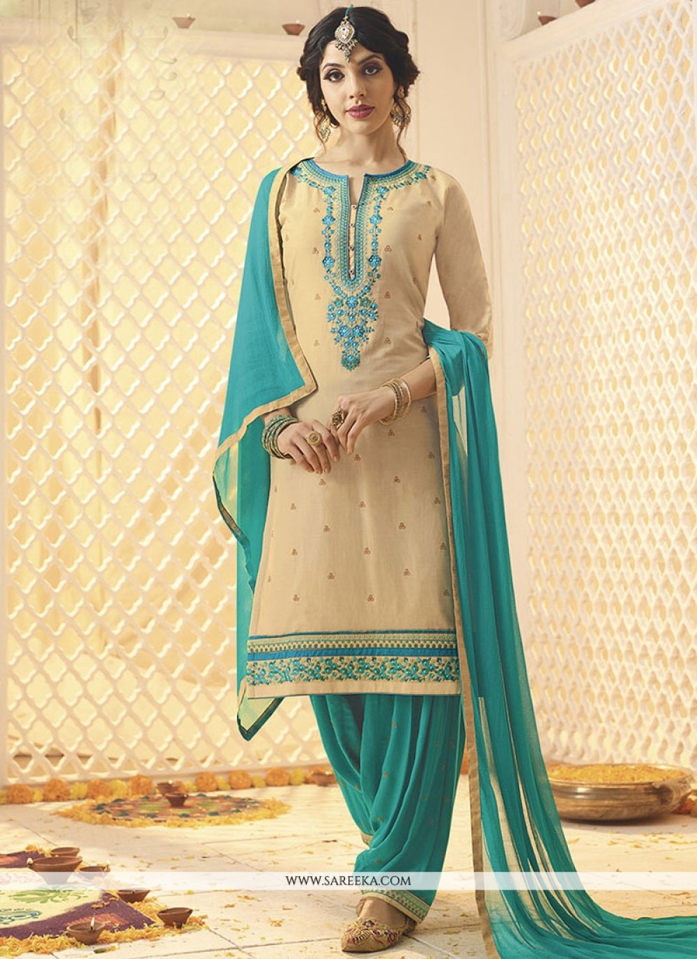 Shop Online Cream Resham Work Cotton Satin Punjabi Suit : 68128 -