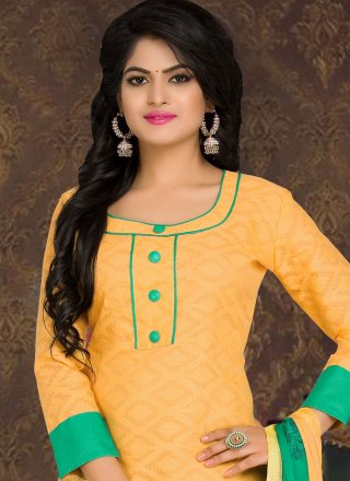 Yellow Embroidered Work Cotton   Churidar Suit