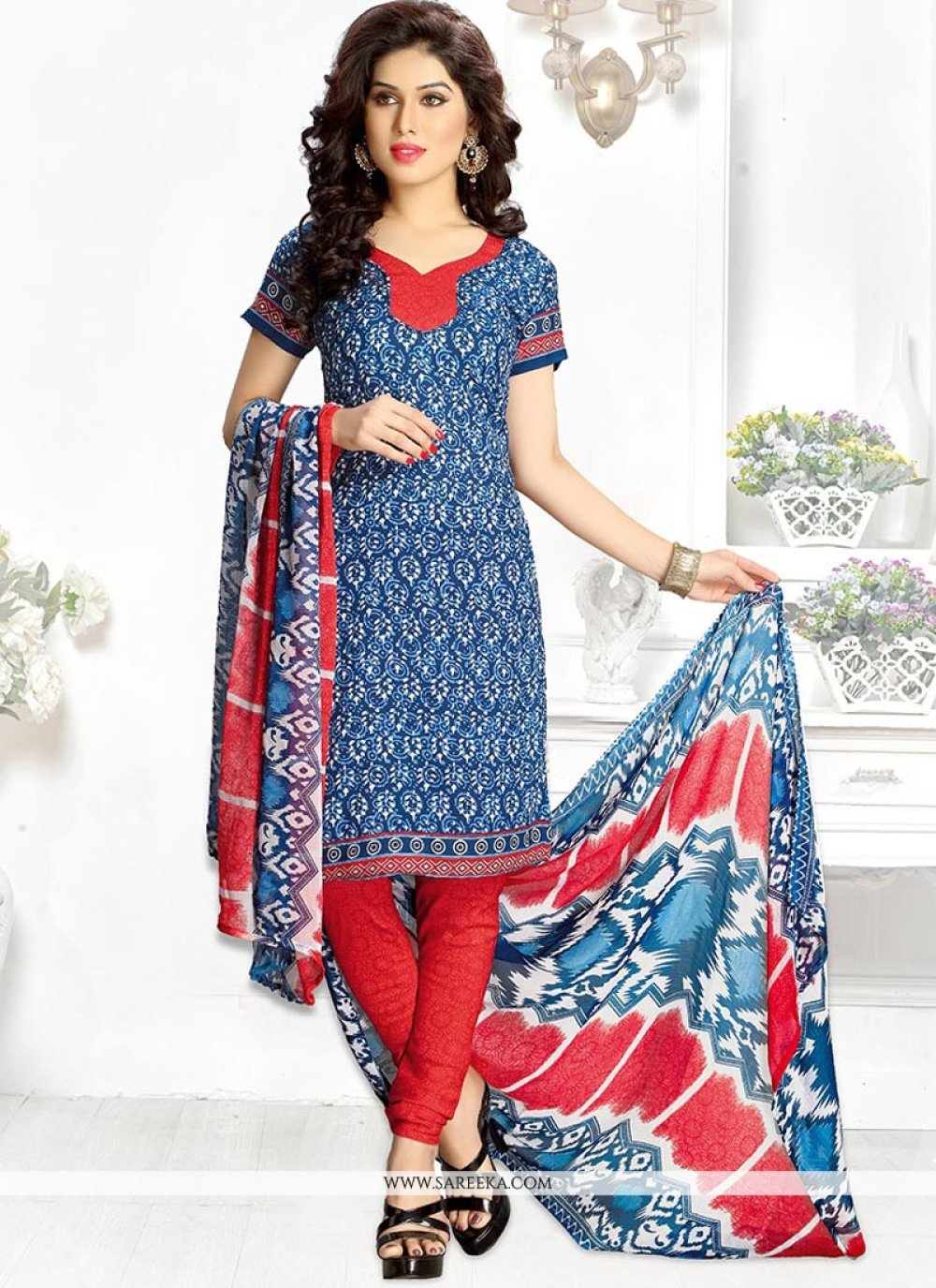 Buy Multi Colour Print Work Churidar Suit Online : Indian Ethnic Wear