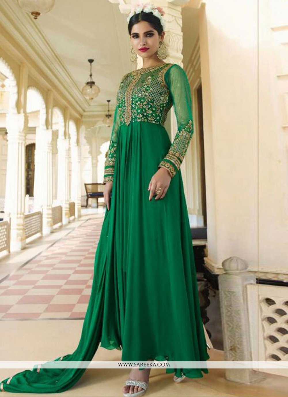 Buy Green Embroidered Work Georgette Designer Floor Length Suit Online ...