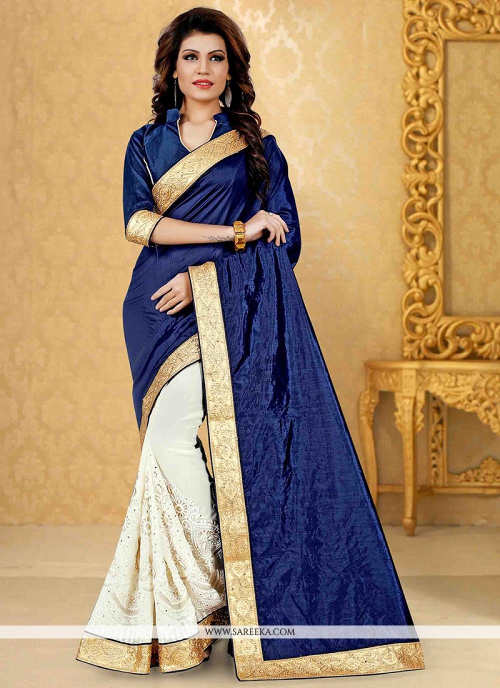 Buy Navy Blue and Off White Traditional Saree Online UAE