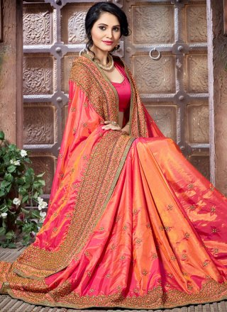 Orange and Pink Embroidered Work Crepe Silk Shaded Saree