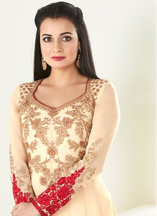 Diya Mirza Faux Georgette Cream and Red Floor Length Anarkali Suit