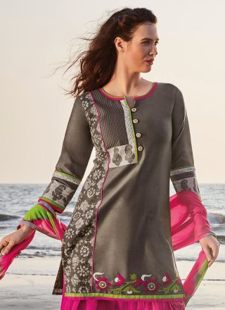 Embroidered Chanderi Readymade Suit in Grey and Pink