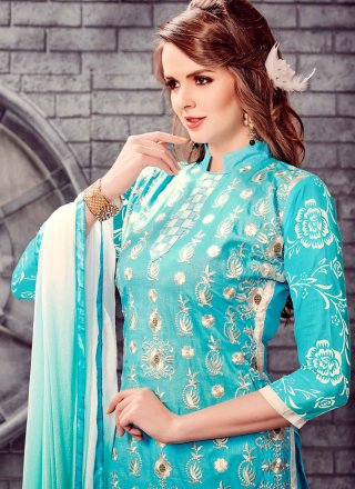 Embroidered Cotton   Churidar Designer Suit in Turquoise