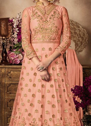 Embroidered Net Floor Length Anarkali Suit in Peach