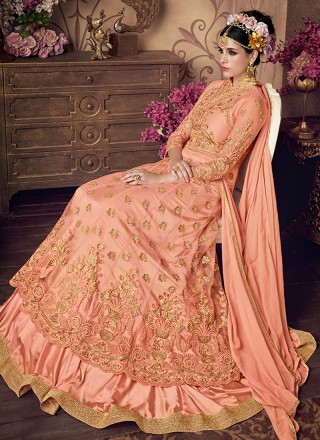 Embroidered Net Floor Length Anarkali Suit in Peach