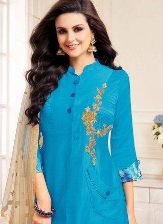 Embroidered Work Blue Fancy Fabric Designer Suit