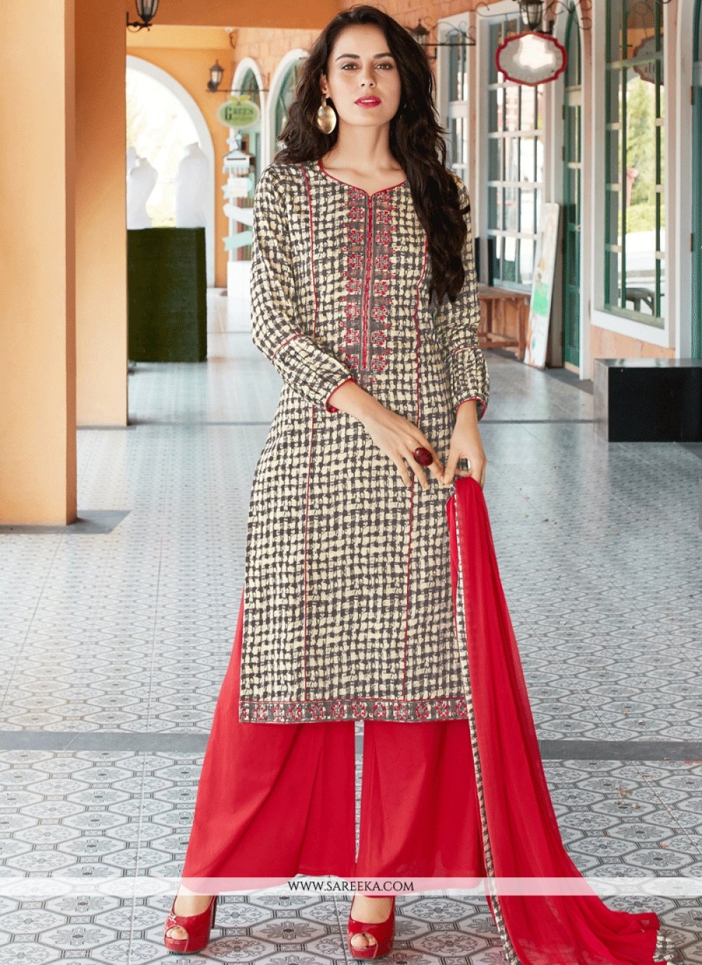 Buy Charming Red Chanderi Embroidered Designer Plazo Salwar Suit at best  price - Gitanjali Fashions