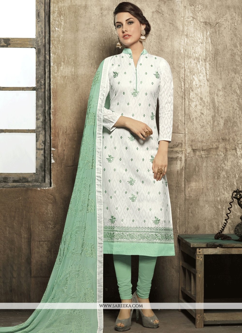 Shop Online Embroidered Work Cotton Churidar Designer Suit : 66604 