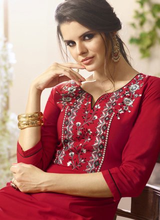 Embroidered Work Maroon Rayon Party Wear Kurti