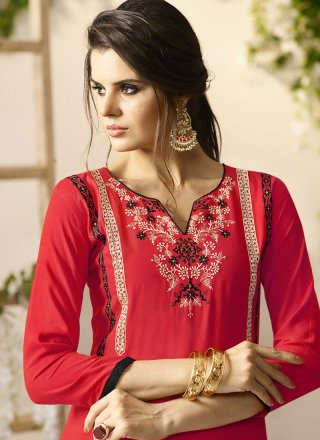 Embroidered Work Rayon Red Party Wear Kurti