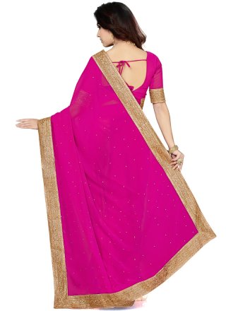 Hot Pink Patch Border Work Faux Georgette Classic Saree