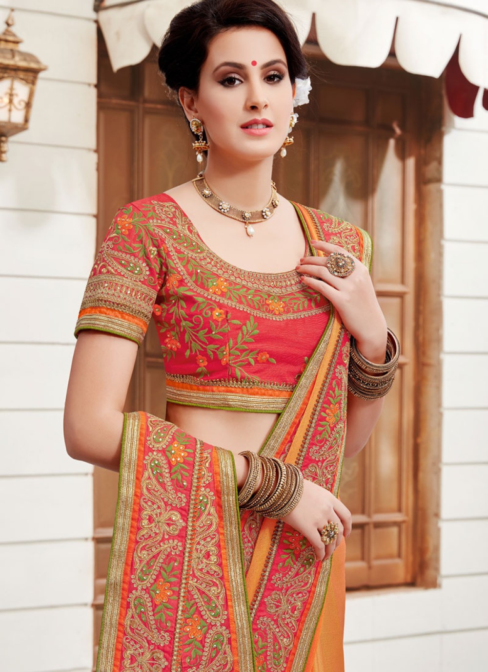 Buy Faux Chiffon Orange and Yellow Shaded Saree Online : Germany