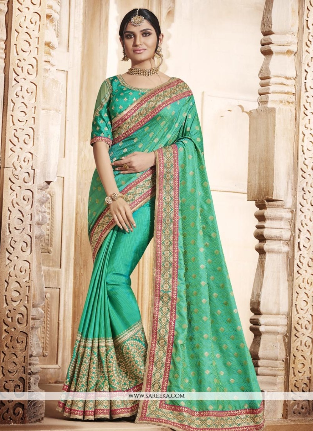 Buy Jacquard Silk Sea Green Zari Work Traditional Saree Online : Fiji