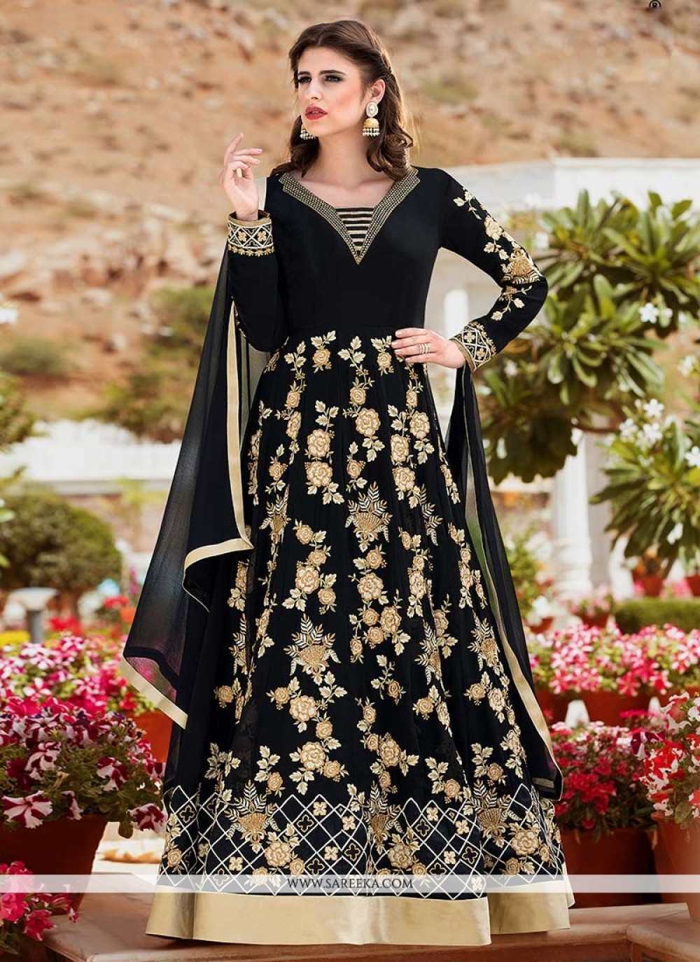 Black golden cream rich combination decent full long anarkali suit - New  India Fashion