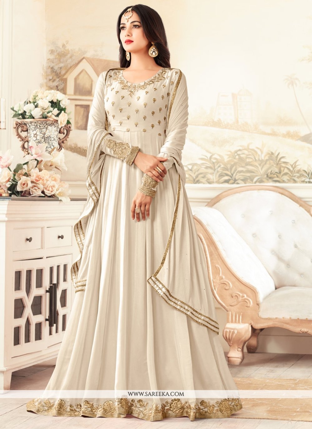 Faux Georgette Off White Floor Length Anarkali Suit buy online