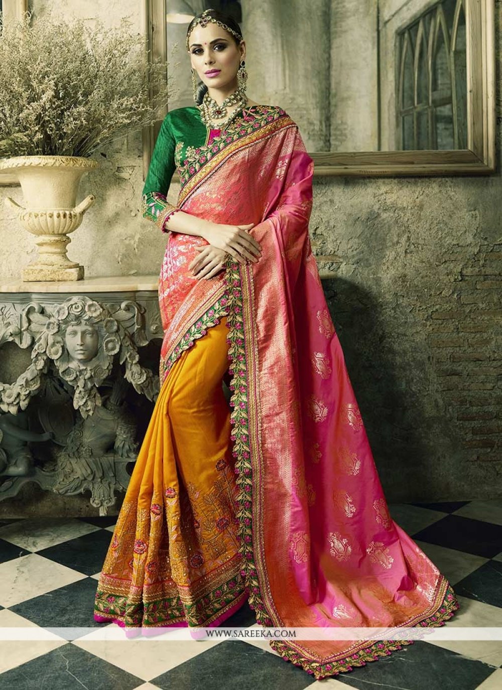 festal orange and rose pink crepe jacquard designer half n half saree 56842