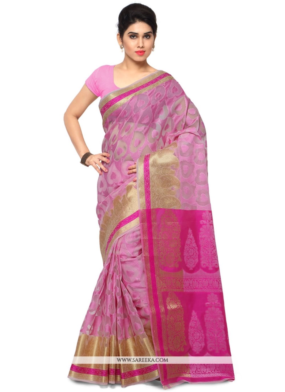 Buy Banarasi Silk Pink Weaving Work Traditional Saree Online Canada