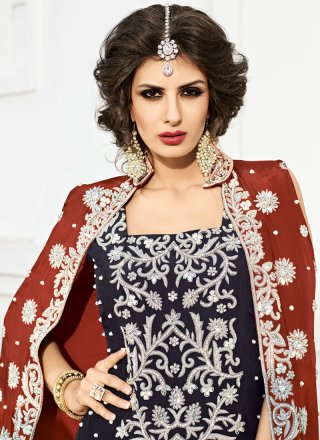 Navy Blue and Red Art Silk Jacket Style Suit