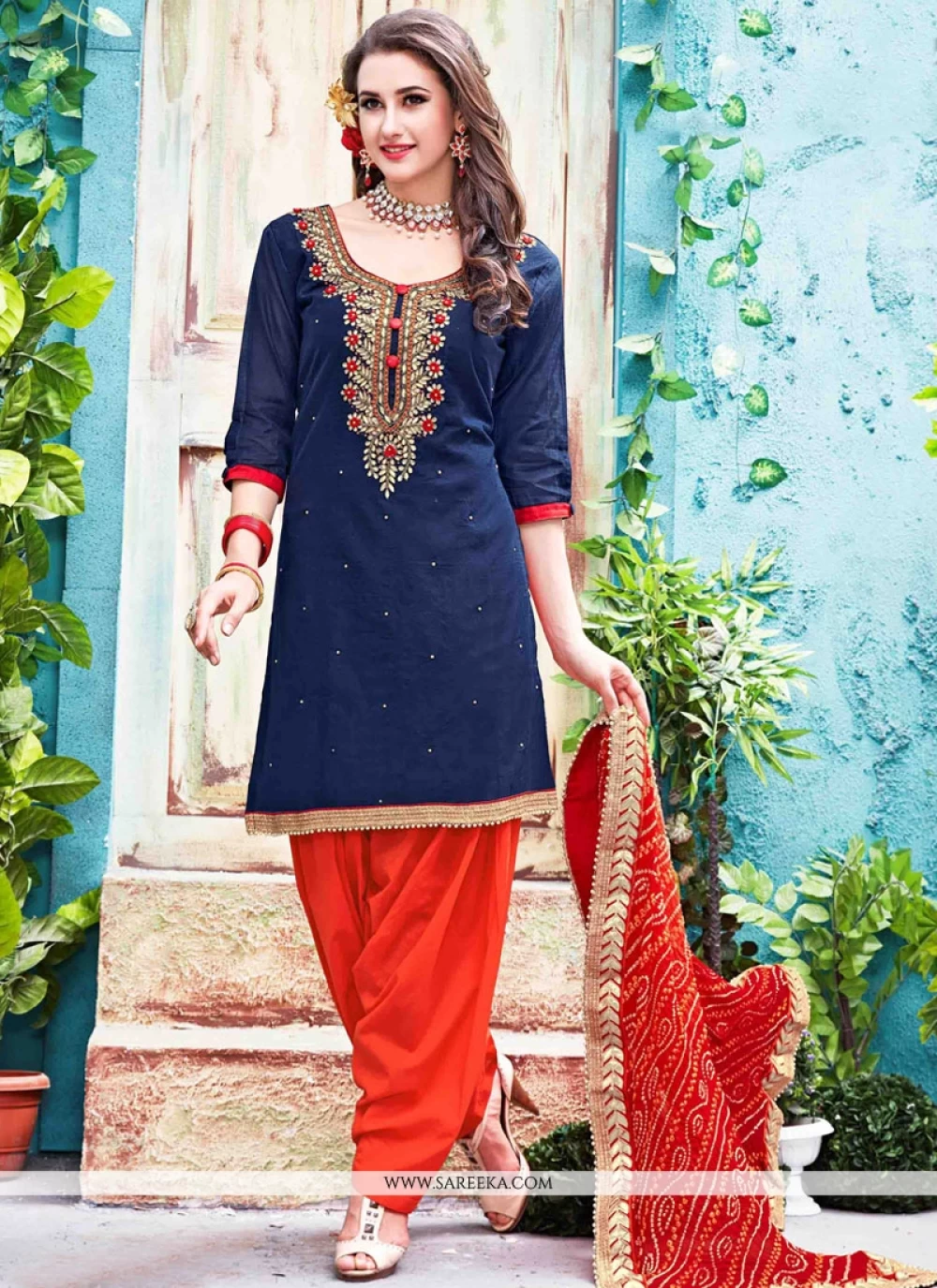 Buy Chanderi Navy Blue and Red Punjabi Suit Online : India